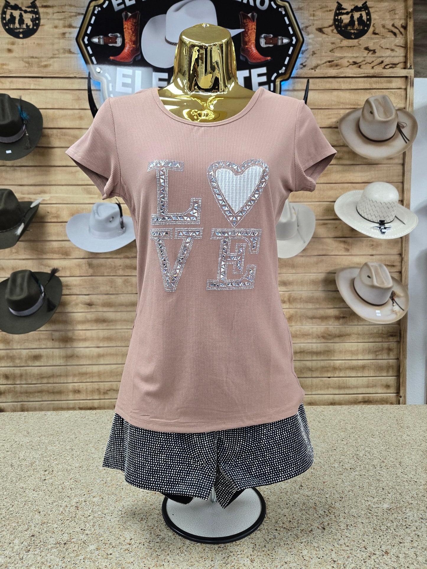 Aronia Womens Rhinestone Love Shirt (Mocha)