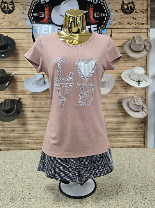 Aronia Womens Rhinestone Love Shirt (Mocha)