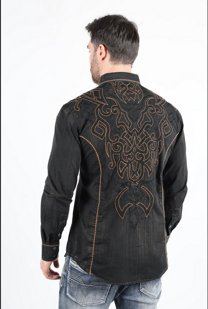 Platini Mens Vintage Washed 2-tone Embroidery Modern Fit Stretch Shirt (Black and Orange)