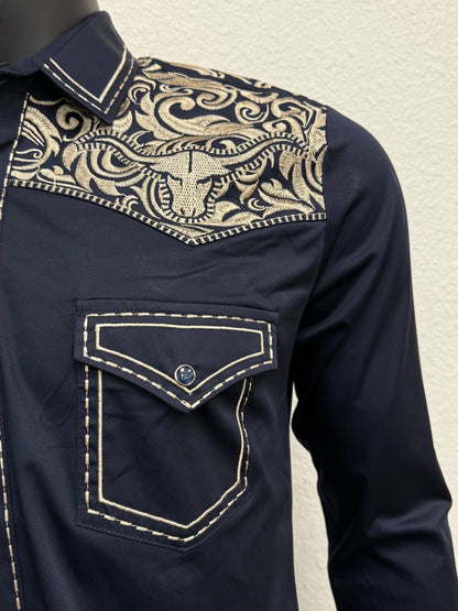 Montero Mens Western Embroidered Bull Long Sleeve Shirt - Black, Navy, White