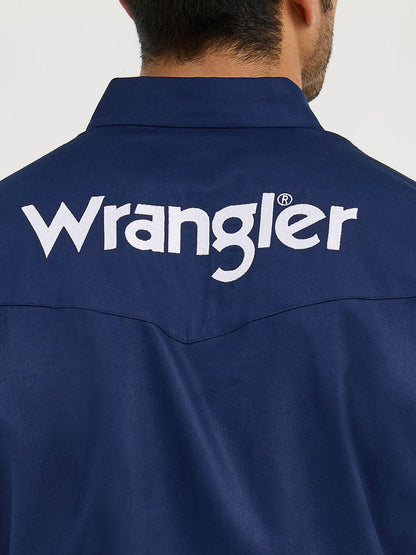 Wrangler Mens Logo Long Sleeve Button Down Solid Shirt (Navy)