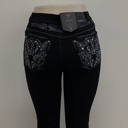 Lamasini Womens Black Bling Crown Bootcut Jean L765 - Blue-Green Studded Pocket)