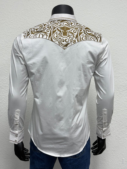 Montero Mens Western Embroidered Bull Long Sleeve Shirt - Black, Navy, White