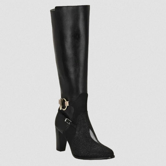 Franco Cuadra Womens Tall Stingray Zipper High Heel Boots - Black