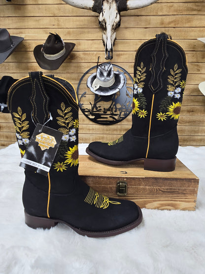 Girasol Womens Embroidered Sunflower Nobuck Leather Boot - Yellow/Black