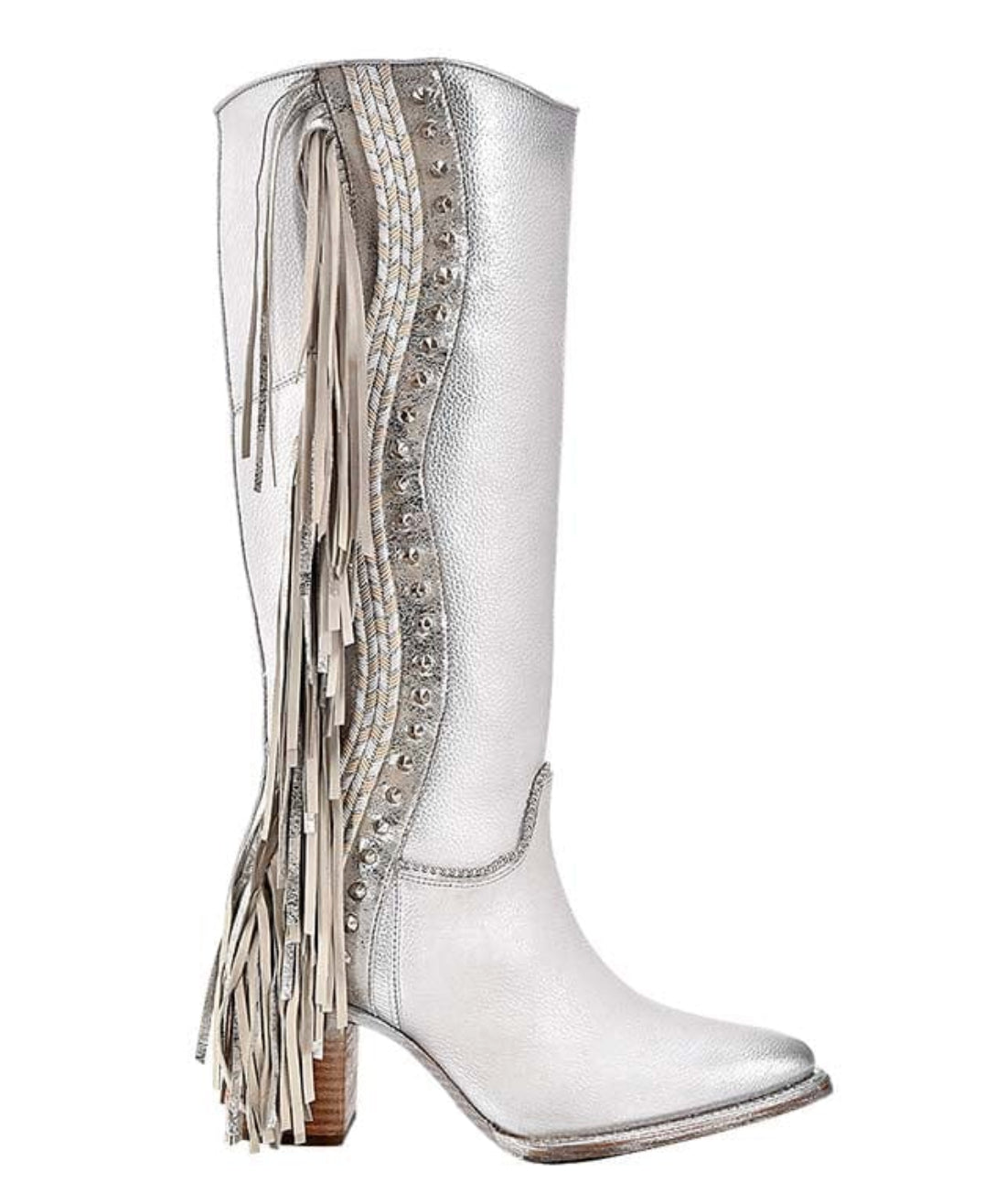 Cuadra Womens Cordova w/ Zipper, Studs, and Fringe Tall Boot- White