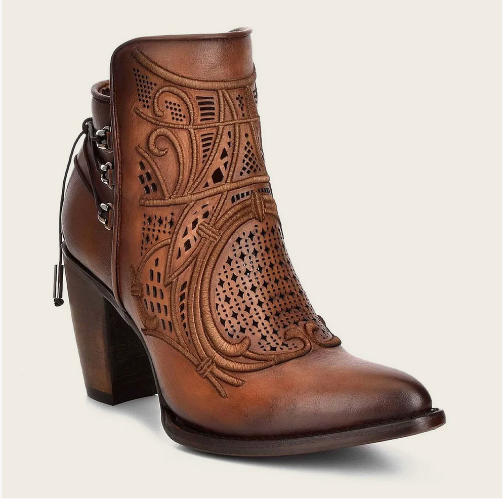 Cuadra Womens Emroidered High Heel Bootie - Honey Chestnut