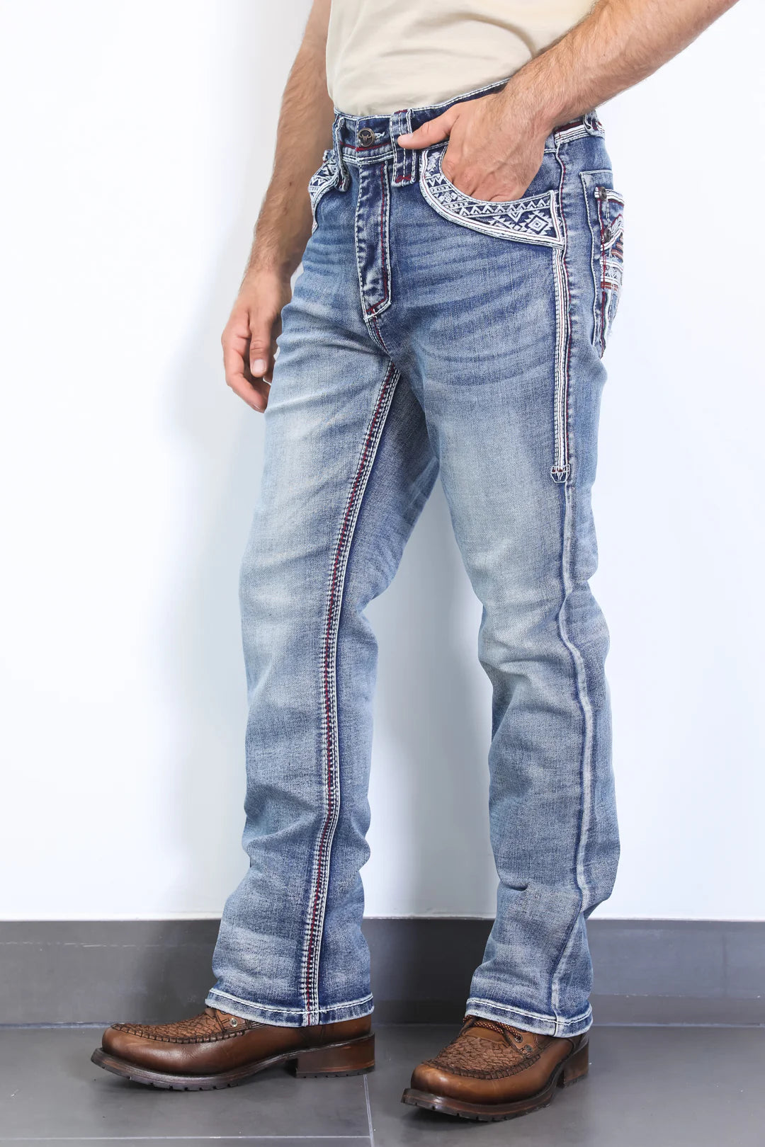 Platini Mens Holt Slim fit Boot Cut Jeans - Light Blue/Red