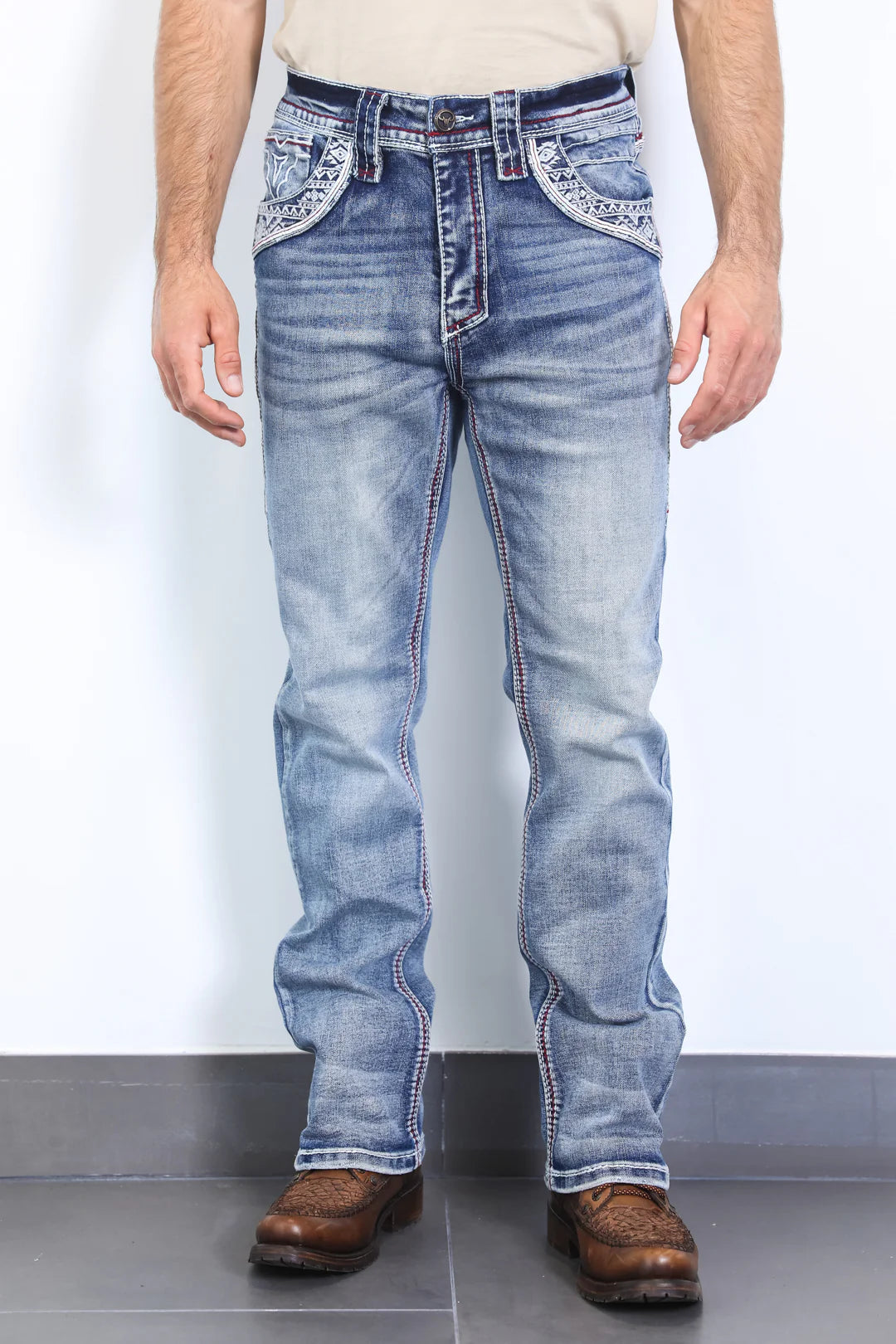 Platini Mens Holt Slim fit Boot Cut Jeans - Light Blue/Red