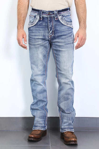 Platini Mens Holt Slim fit Boot Cut Jeans - Light Blue/Red