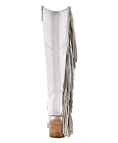 Cuadra Womens Cordova w/ Zipper, Studs, and Fringe Tall Boot- White