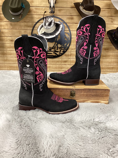 White Diamond Womens Nobuck Embroidered boot - Black/fuchsia