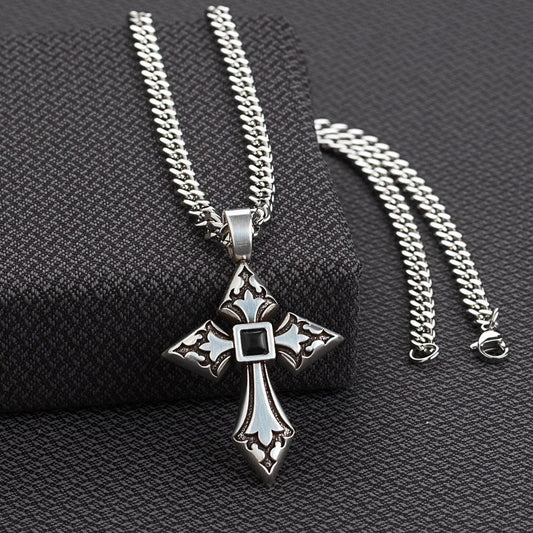 Twister Engrave Cross Pendant Black Stone Necklace