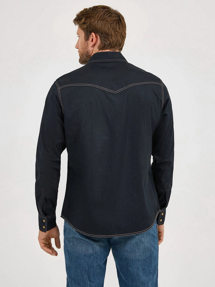 Wrangler Mens Retro Long Sleeve Western Snap Solid Dobby Shirt - Black