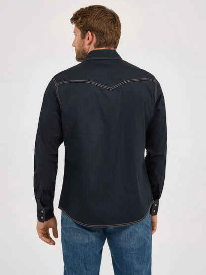 Wrangler Mens Retro Long Sleeve Western Snap Solid Dobby Shirt - Black