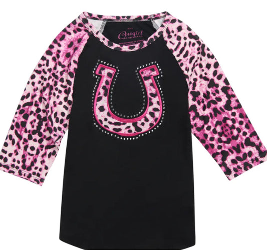 Cowgirl Hardware Kids Leopard Horse Raglan Shirt - Black