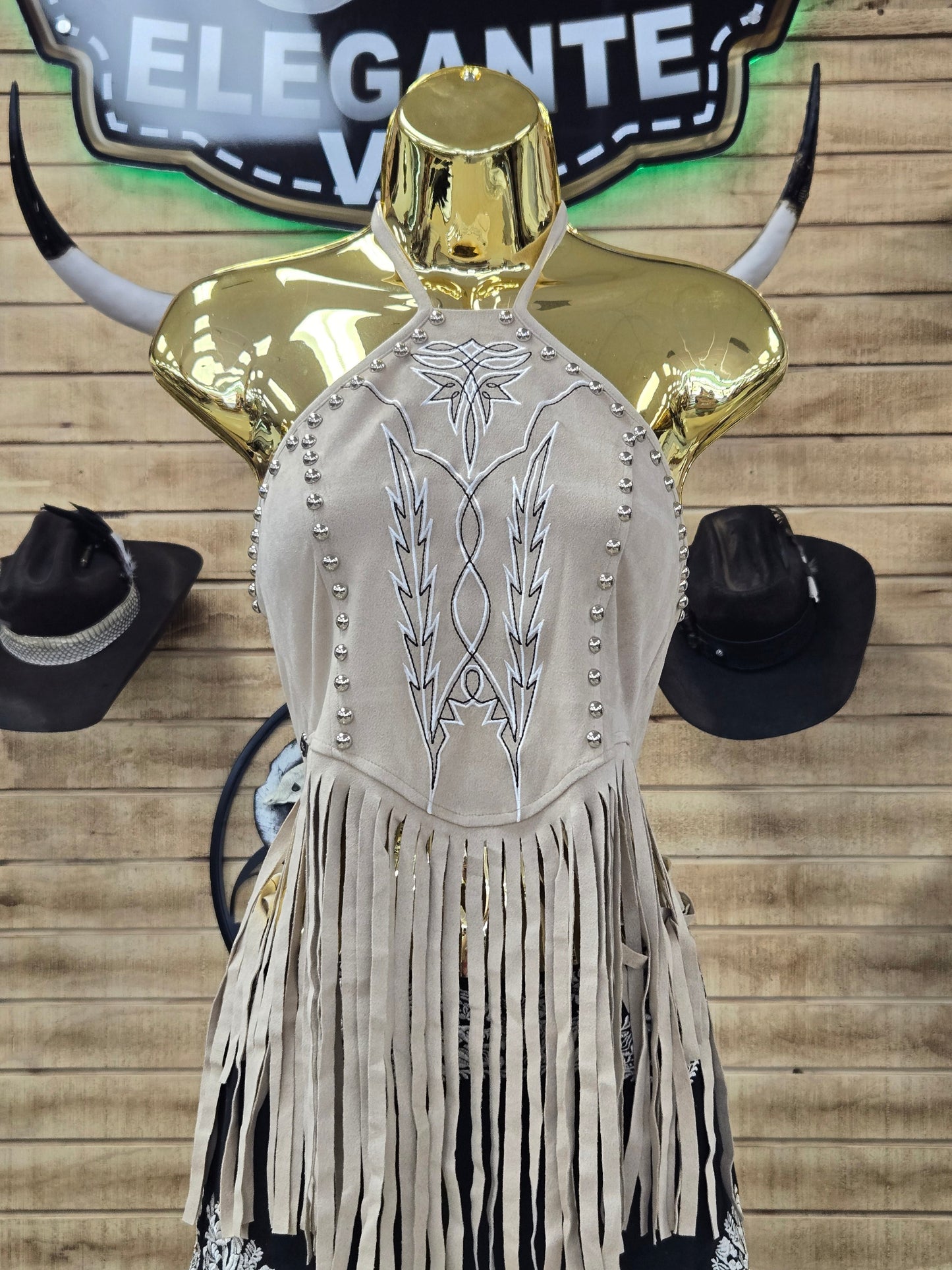 Lucky & Blessed Womens Halter Fringed Top W Boot Stitch Embroidery & Studs