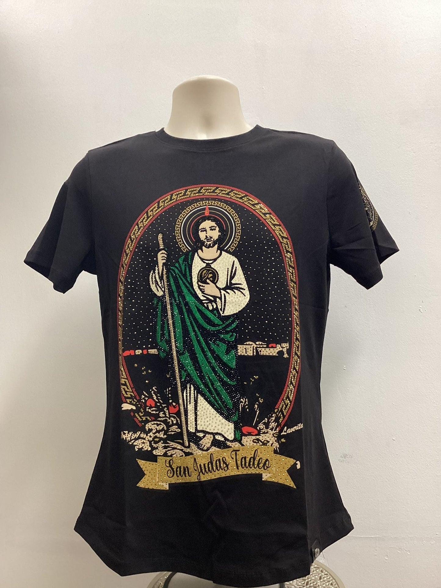 Laverita Mens San Judas Tadeo Rhinestone Slim Fit  TShirt