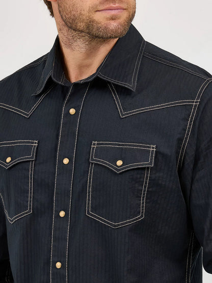 Wrangler Mens Retro Long Sleeve Western Snap Solid Dobby Shirt - Black