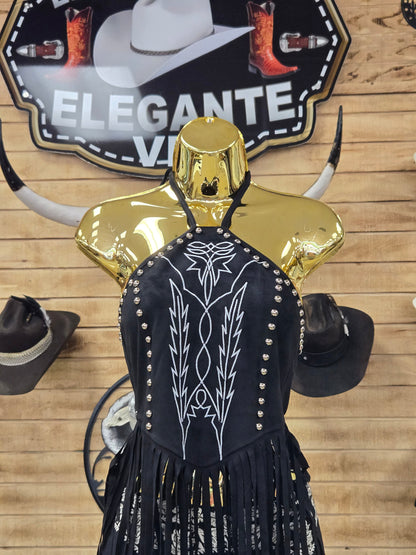 Lucky & Blessed Womens Halter Fringed Top W Boot Stitch Embroidery & Studs