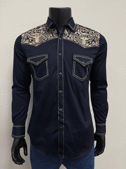 Montero Mens Western Embroidered Bull Long Sleeve Shirt - Black, Navy, White