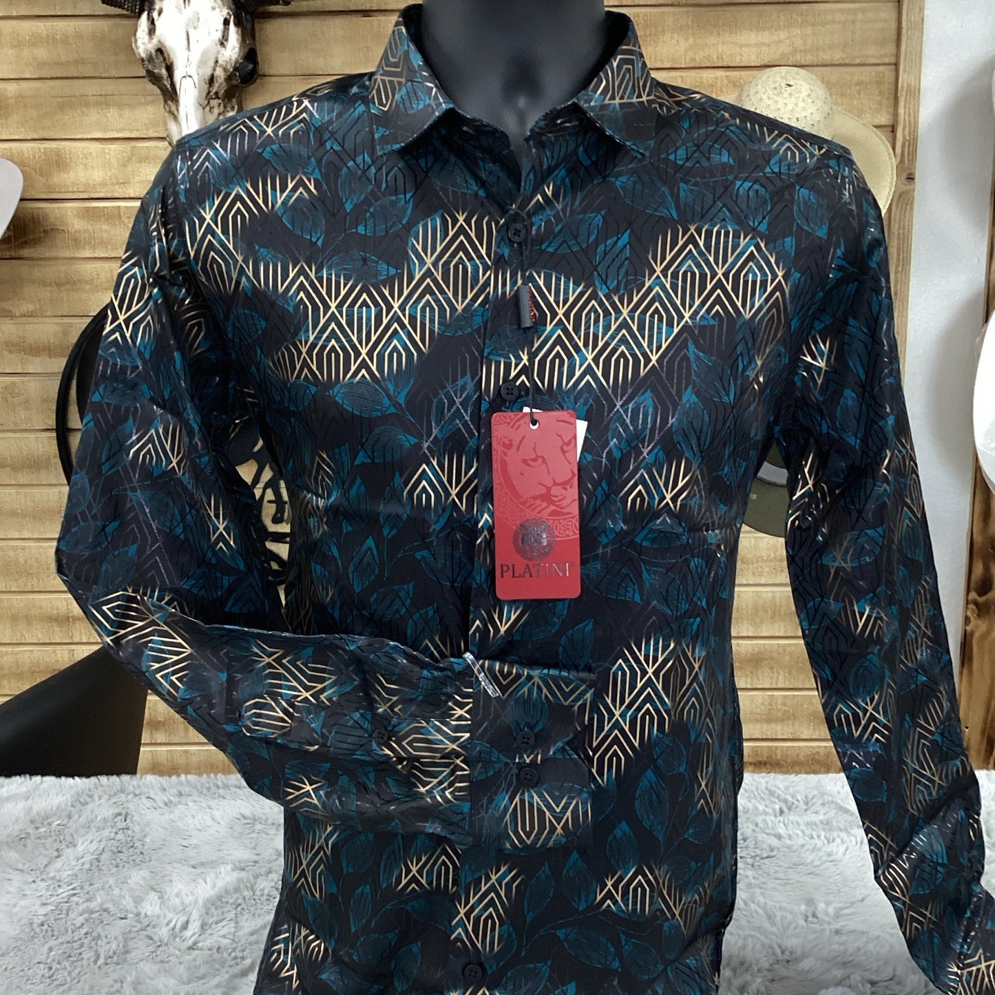 Platini Mens Modern Fit Stretch Foil Fashion shirt (Black)