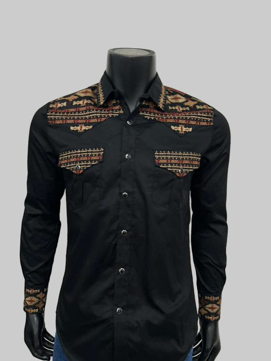 Lamasini Mens Aztec Style Embroidery Long Sleeve Shirt - Black, Navy, White, Olive