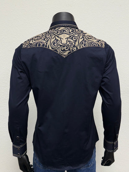 Montero Mens Western Embroidered Bull Long Sleeve Shirt - Black, Navy, White