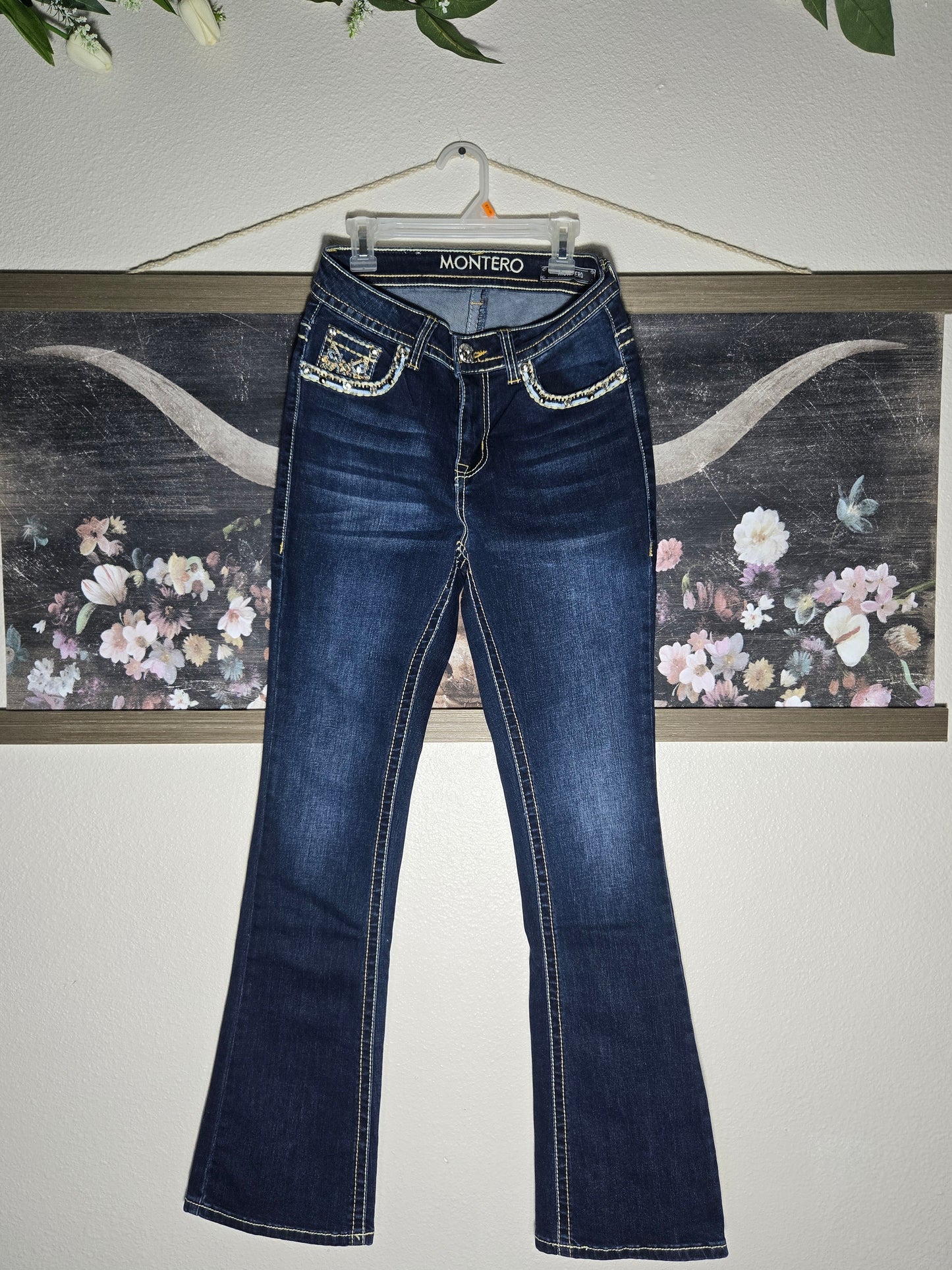 Montero Womens Flower Designed Bootcut Jeans - Dark Blue