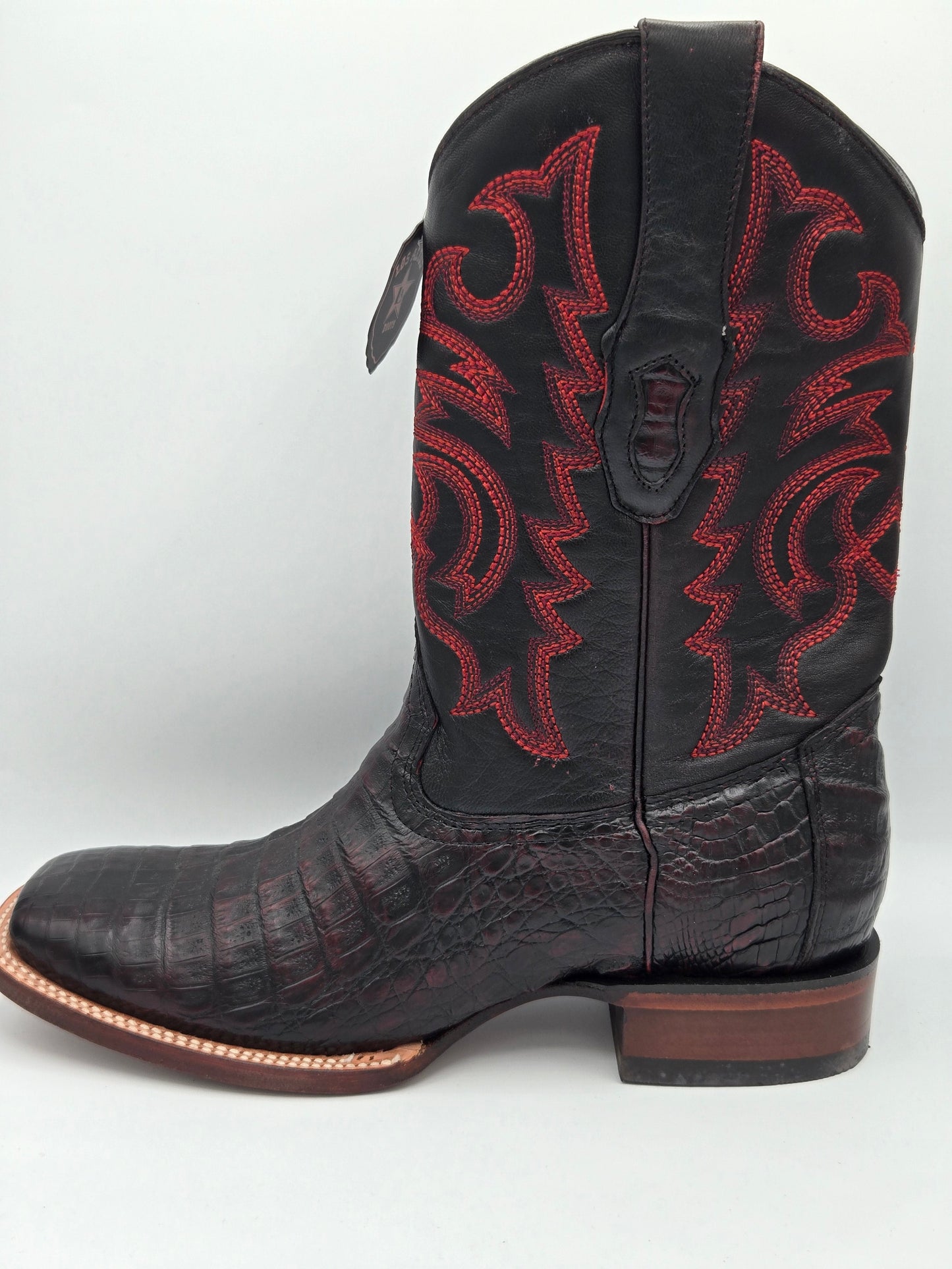 Los Altos Mens Caiman Belly Wide Square Toe - Black Cherry