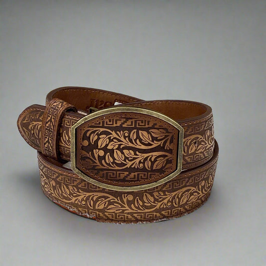 Del Cesar Leaf Engraved Belt - Brown