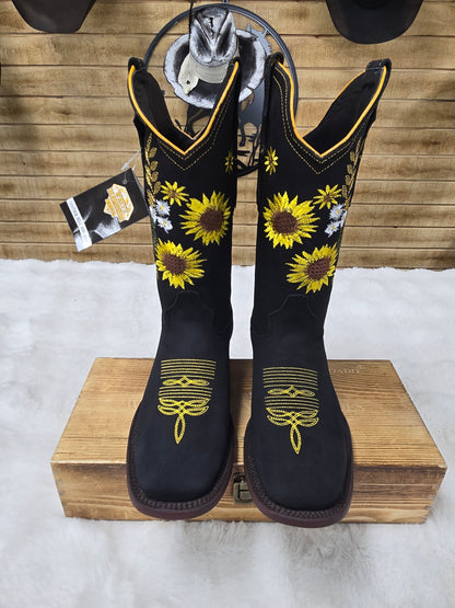 Girasol Womens Embroidered Sunflower Nobuck Leather Boot - Yellow/Black