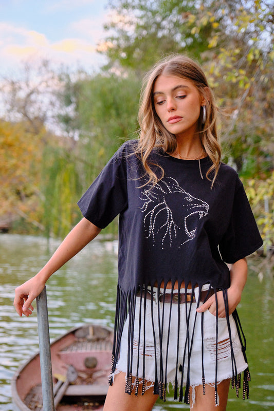 BlueB Womens Studded Lion w/ Fringe Shirt (Black)
