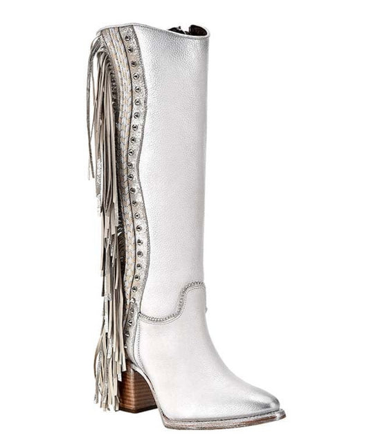 Cuadra Womens Cordova w/ Zipper, Studs, and Fringe Tall Boot- White