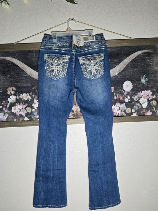 Montero Womens Feather Embroidered Bootcut Jeans - Blue