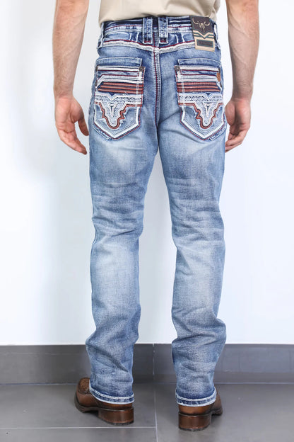 Platini Mens Holt Slim fit Boot Cut Jeans - Light Blue/Red