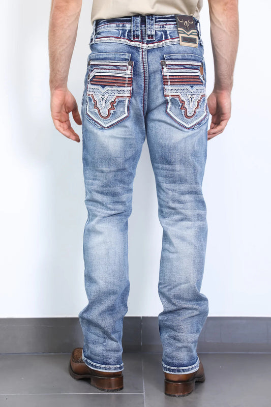 Platini Mens Holt Slim fit Boot Cut Jeans - Light Blue/Red
