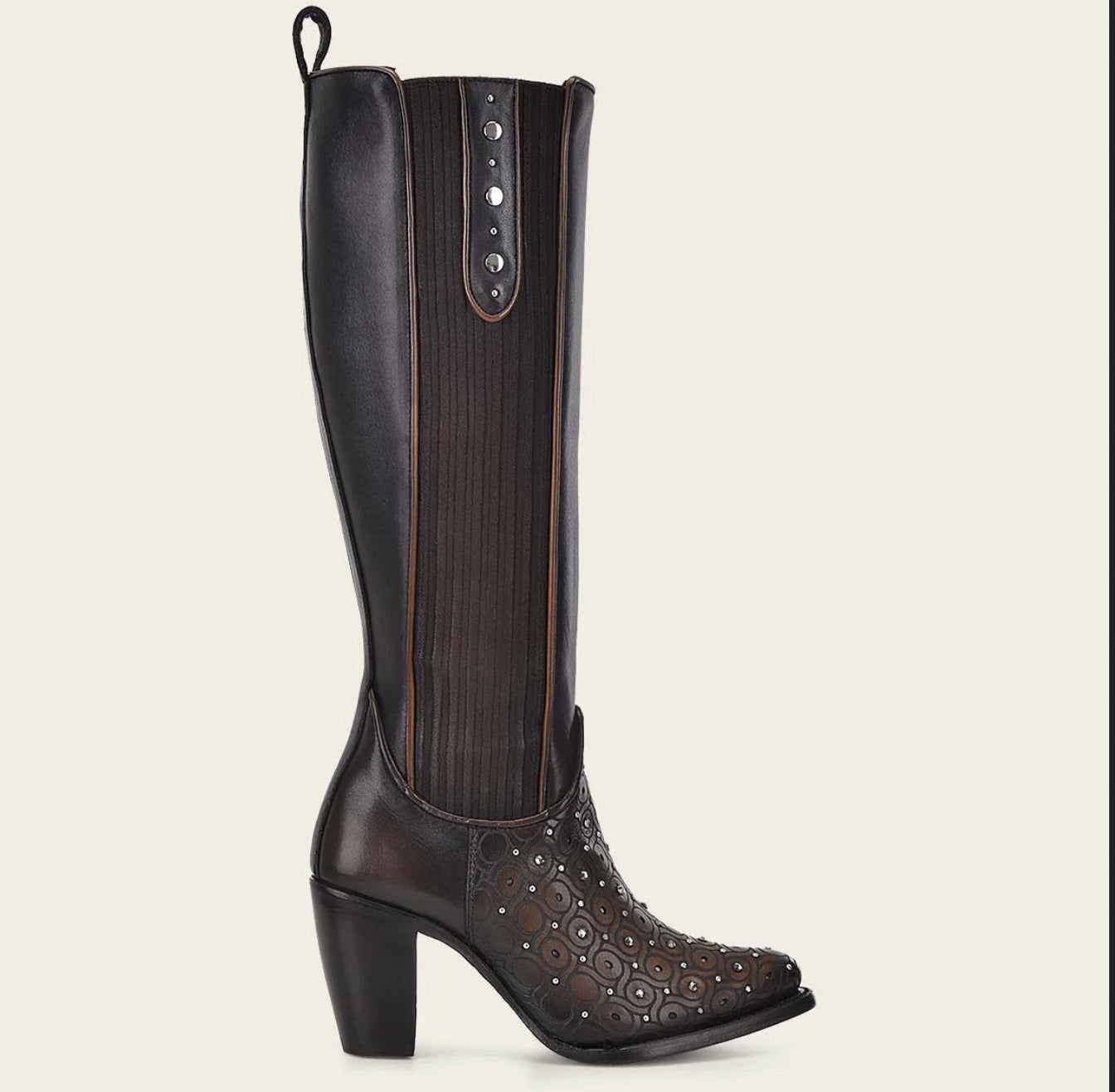 Cuadra Womens Bovine Leather and Laser Engraving Tall High Heel Boot - Maple