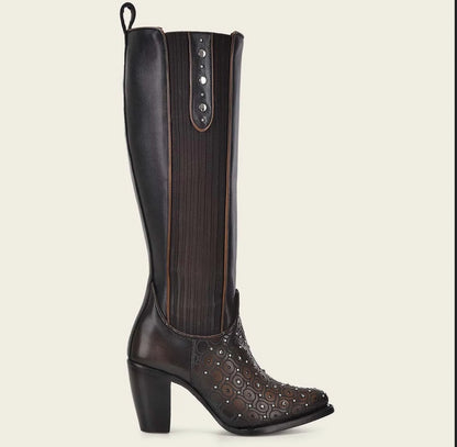 Cuadra Womens Bovine Leather and Laser Engraving Tall High Heel Boot - Maple
