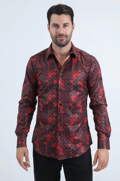 Platini Mens Flocked Modern Fit Spandex Shirt - Red