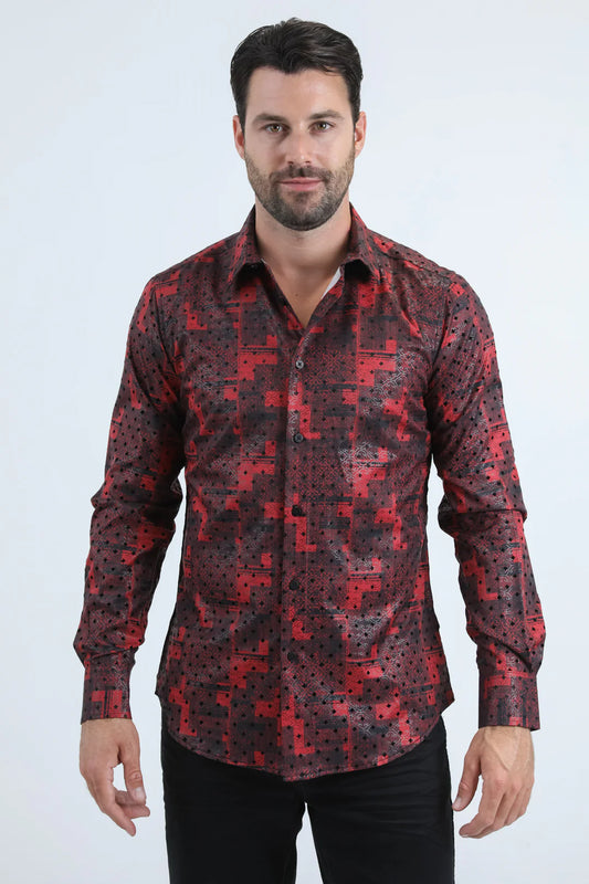 Platini Mens Flocked Modern Fit Spandex Shirt - Red