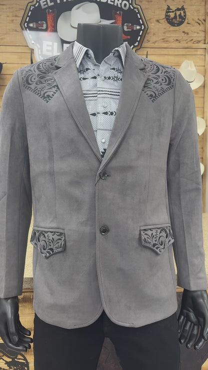 Lamasini Mens Faux Suede Embroidered Coat - Charcoal/Black