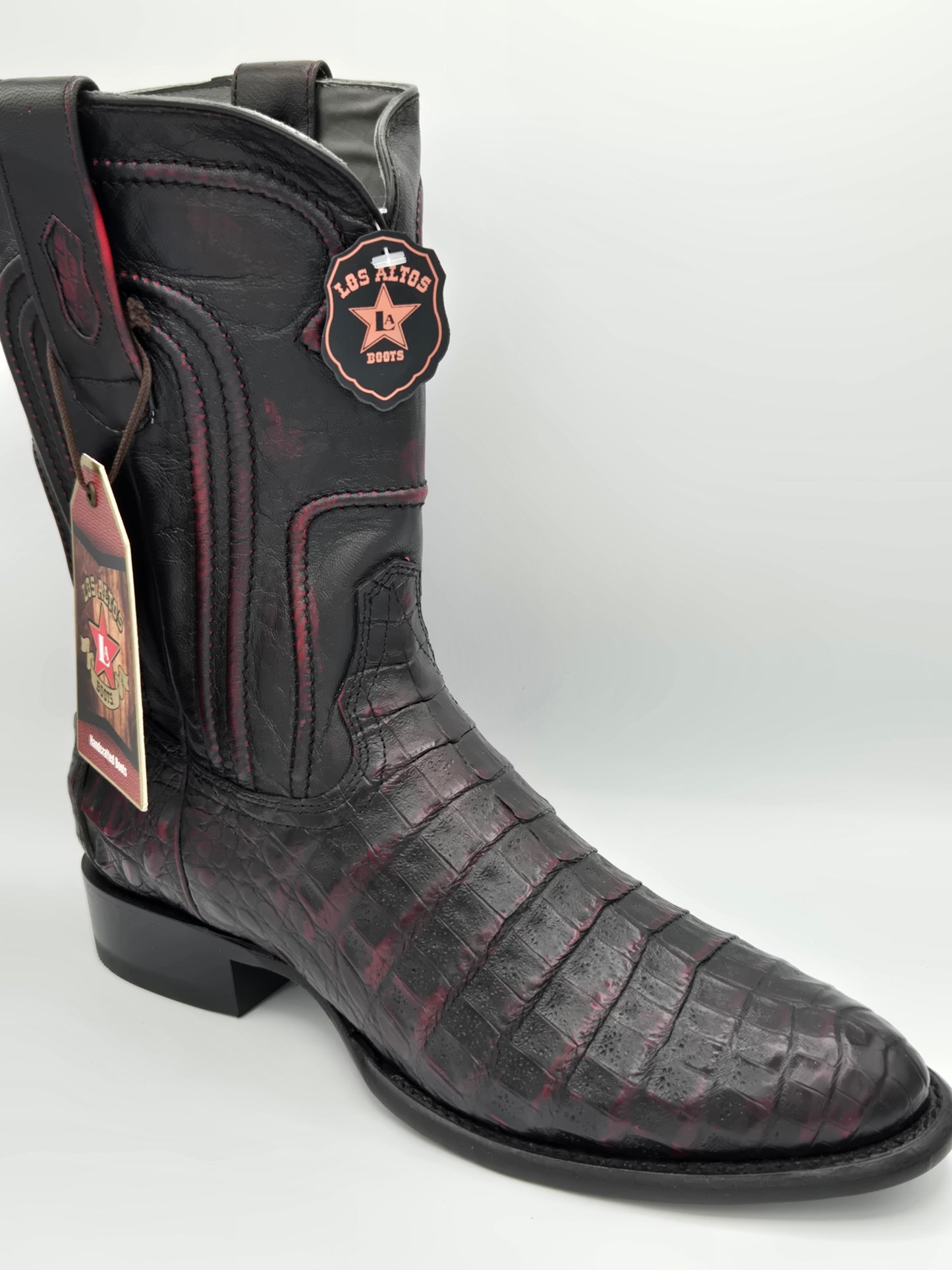Los Altos Mens Caiman Belly Roper Boot  - Black Cherry