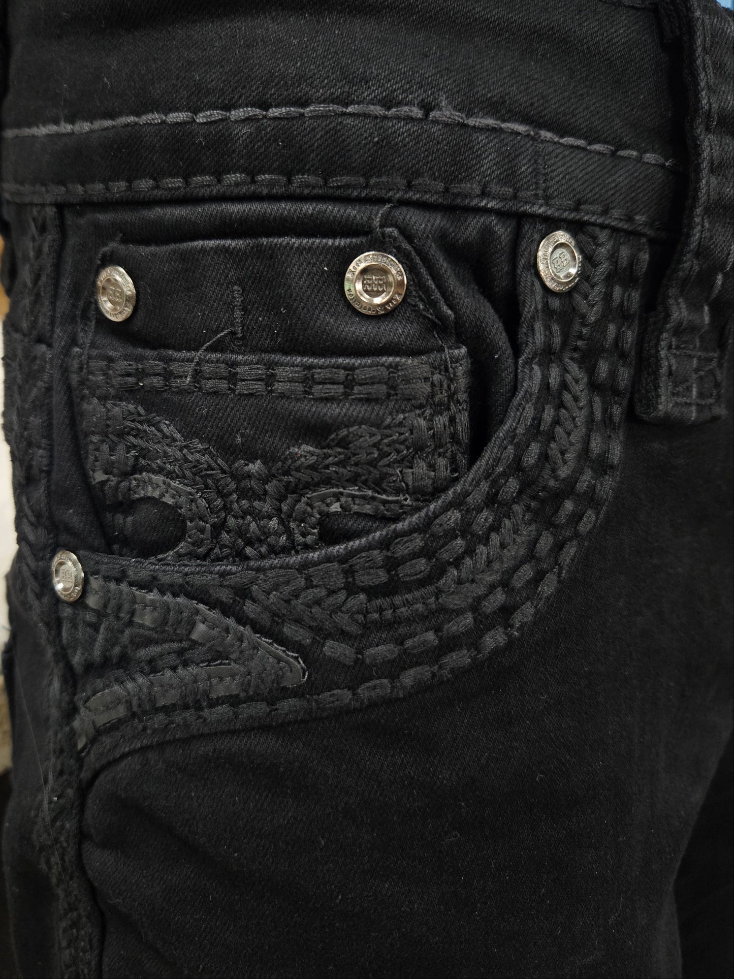 Rock Revolution Mens Shadow Embroidered Bootcut Straight Fit Jeans - Black