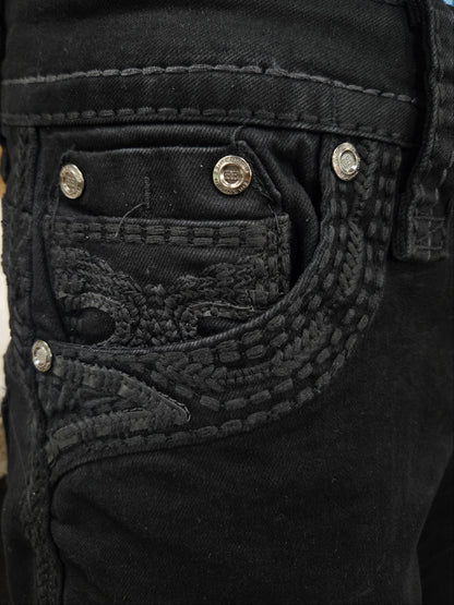 Rock Revolution Mens Shadow Embroidered Bootcut Straight Fit Jeans - Black