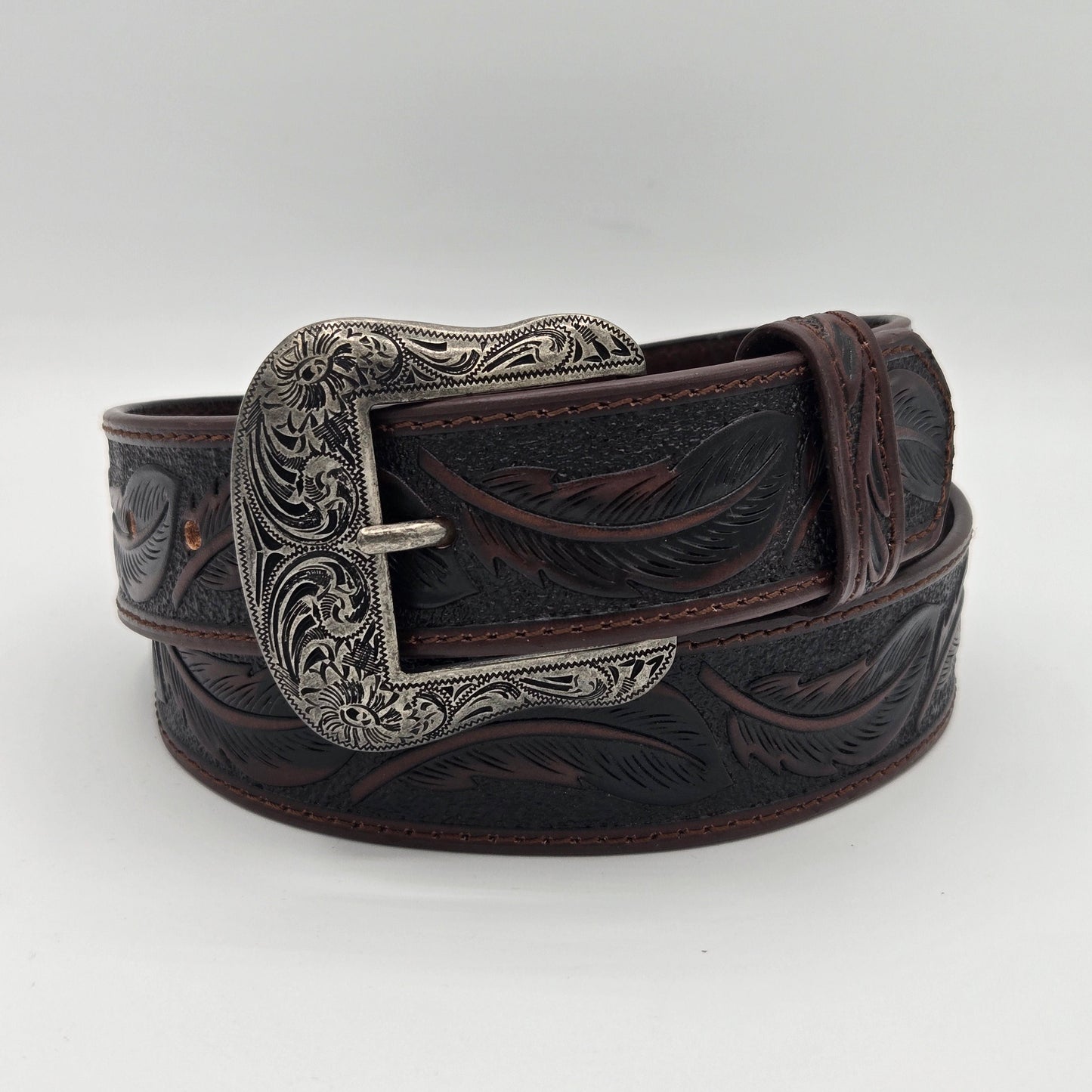 Lazered Feathers Leather Belt - Brown