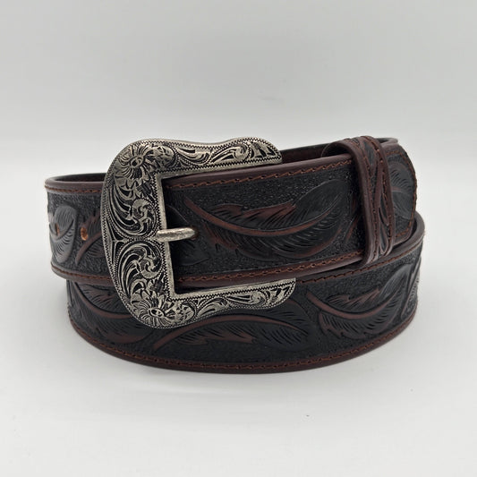 Lazered Feathers Leather Belt - Brown