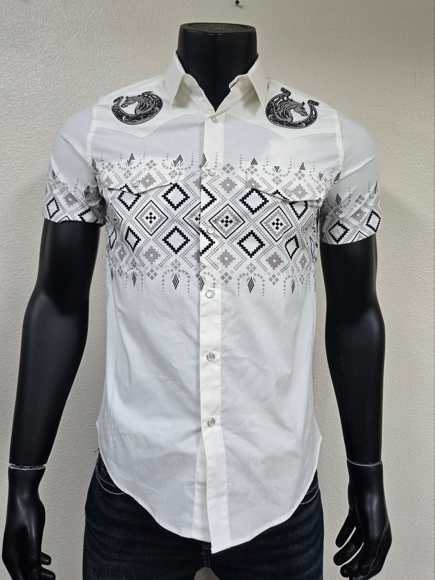 Lamasini Mens Horse Herradura Crest Snap Shirt - Charcoal, White