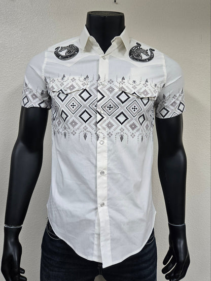 Lamasini Mens Horse Herradura Crest Snap Shirt - Charcoal, White