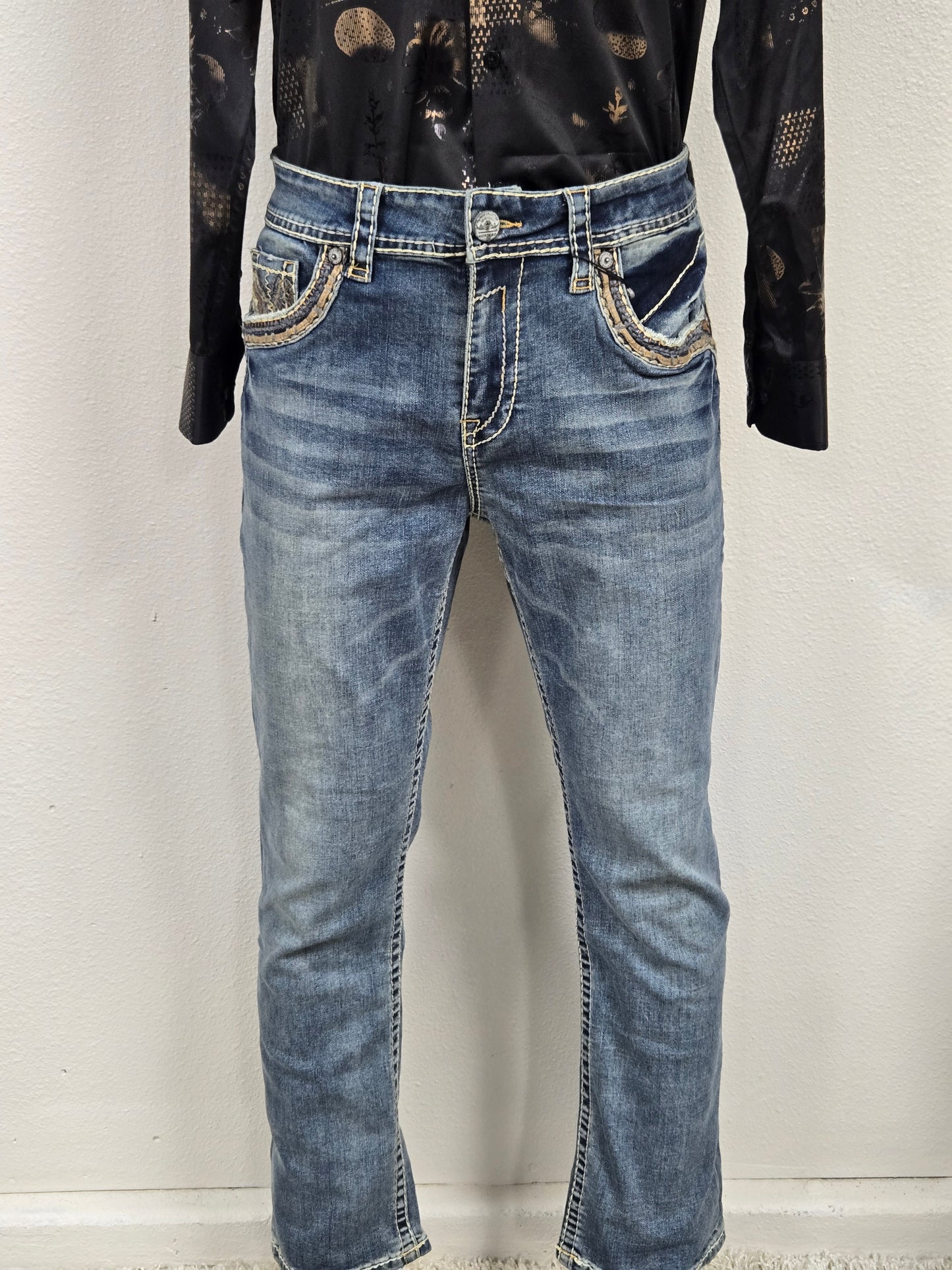 Montero Mens Embroidered Bootcut Jeans -Light Blue MT4643